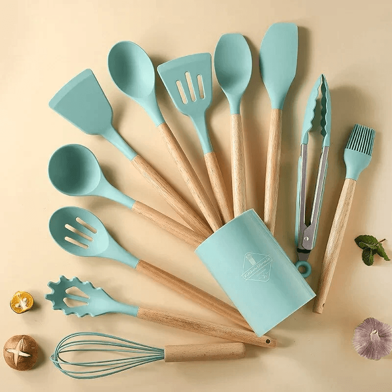 Kit Utensílios de Silicone com Cabo de Madeira - BStocker (12 Peças)