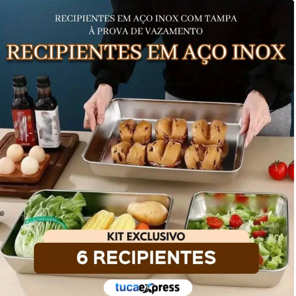 Conjunto de 6 Recipientes em Aço Inox com Tampa a Prova de Vazamento